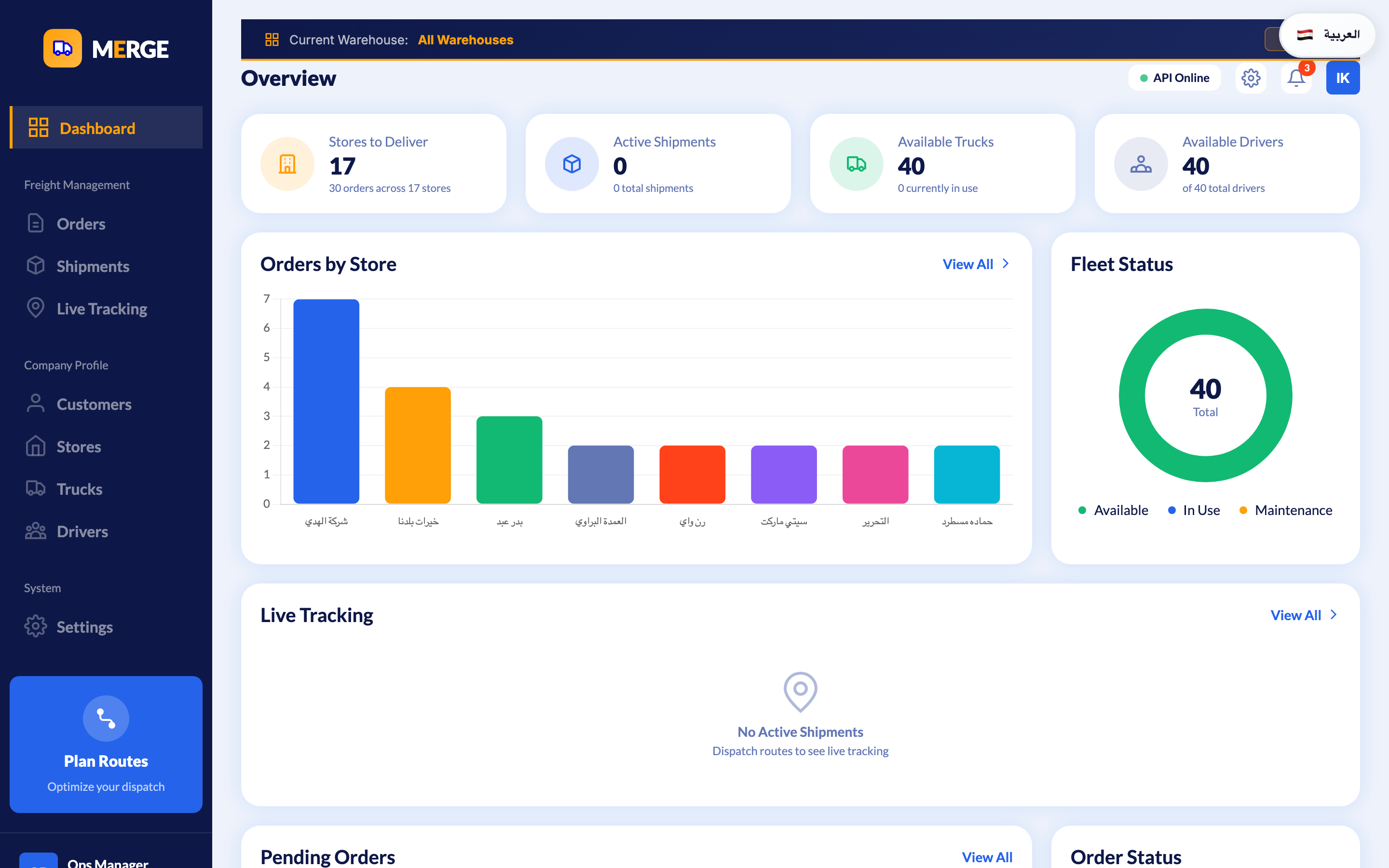 MERGE DMS Dashboard — Dispatch Overview with KPIs, fleet status, and live tracking