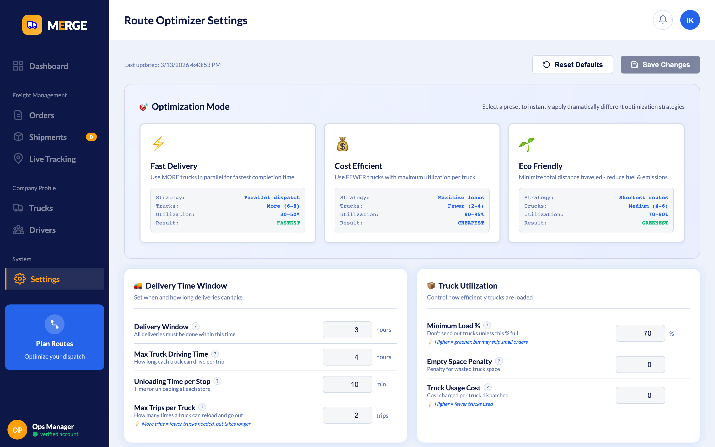 Settings — configure optimization parameters and system preferences